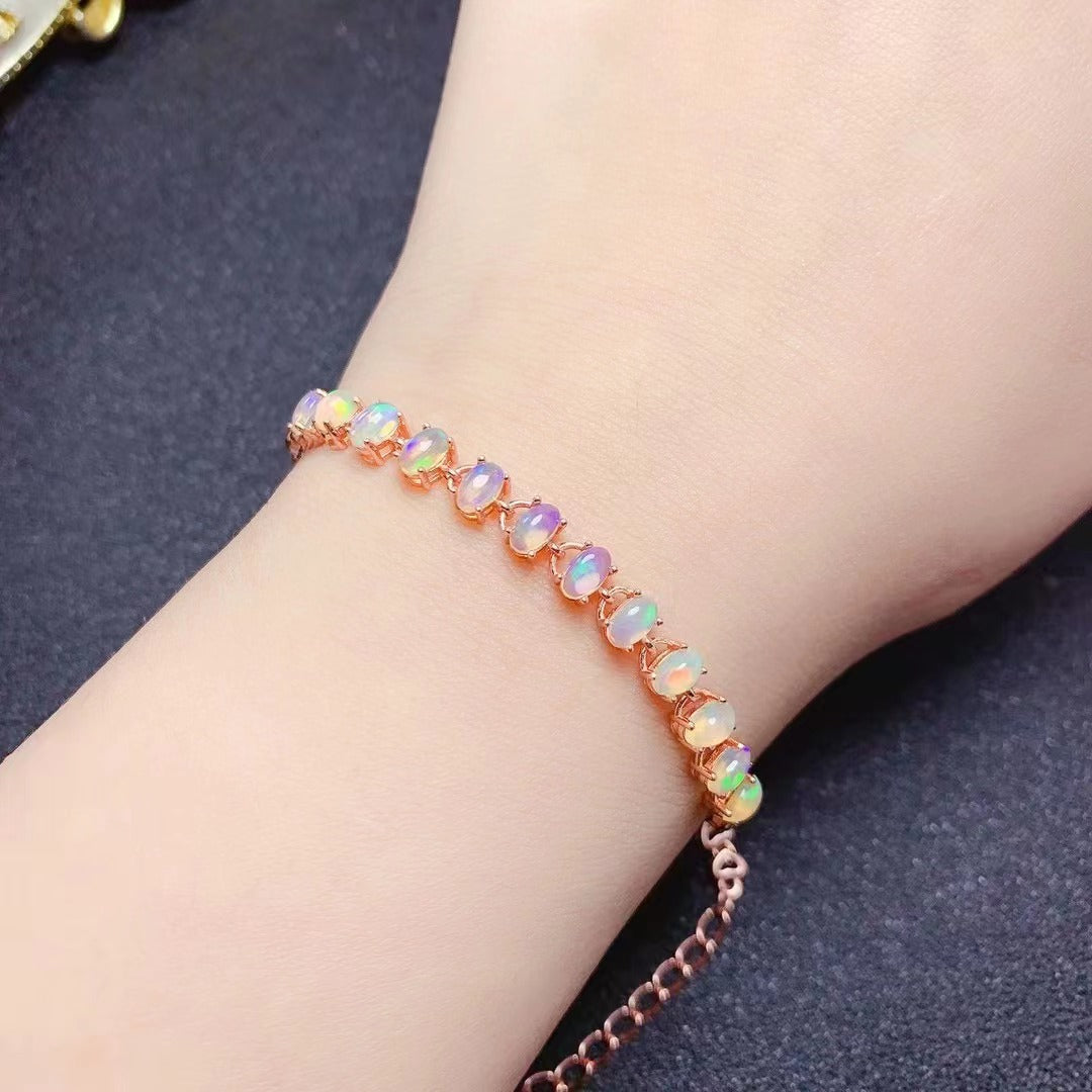 Natural Opal Bracelet 925 Silver Fine Inlay Full Pure Body Simple Retro European and American Style Bracelet Gemstone Jewelry Bracelet