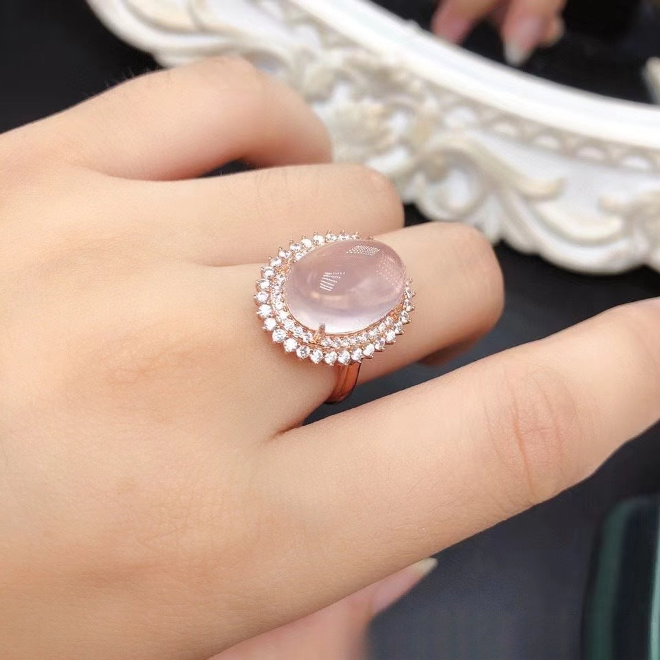 Natural Rose Quartz Ring Plain Crystal Fashionable Elegant 925 Silver Gold Plated Fine Craft Inlaid Gemstone Unisex Ring