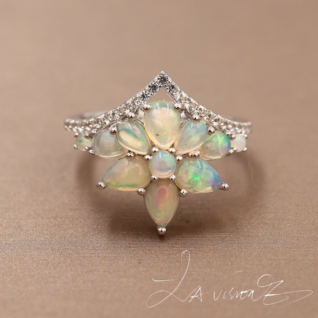 S925 Silver Inlaid Natural Opal Vintage Jewelry Synthetic White Sapphire Ring