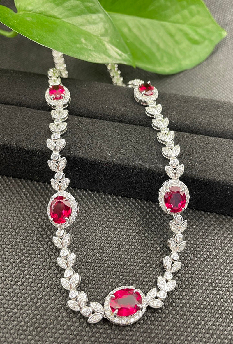 S925 Sterling Silver Luxury Vintage Cultivated Red Sapphire Wheat Ear Fashion Jewelry Necklace