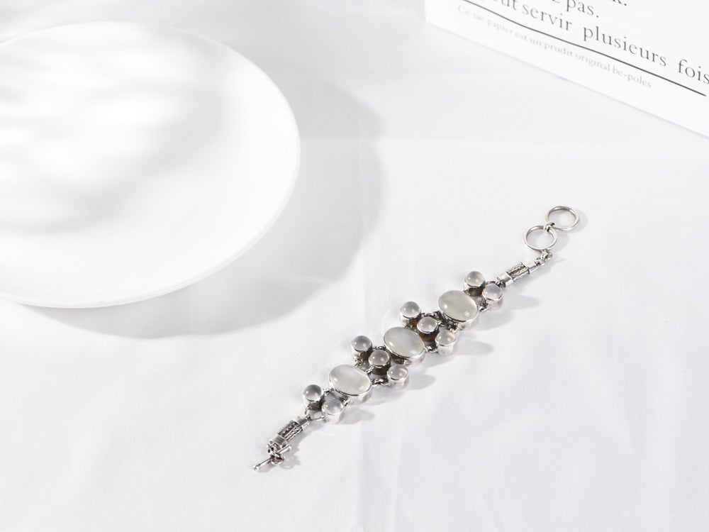 S925 Silver Jewelry Bracelet Vintage Distressed Inlaid with Egg White Agate Moonstone Fashion Women's Bracelet