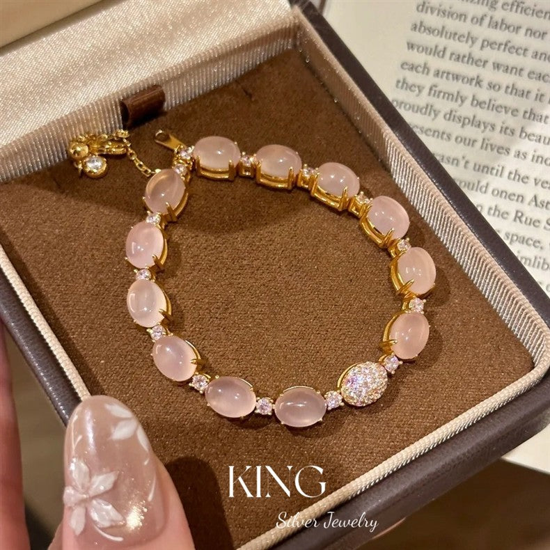 Peerless Beauty| S925 Silver Gold-Plated Cabochon Gradient Peach Pink Crystal Ultra Heavy Fashion High-End Pure Silver Bracelet
