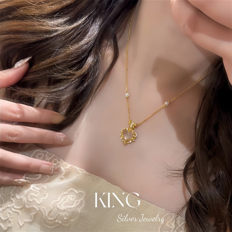 Pink Water Beauty| S925 Silver Gold-Plated Heart Pink Crystal Light Luxury Retro Niche Fashion Elegant Pure Silver Necklace