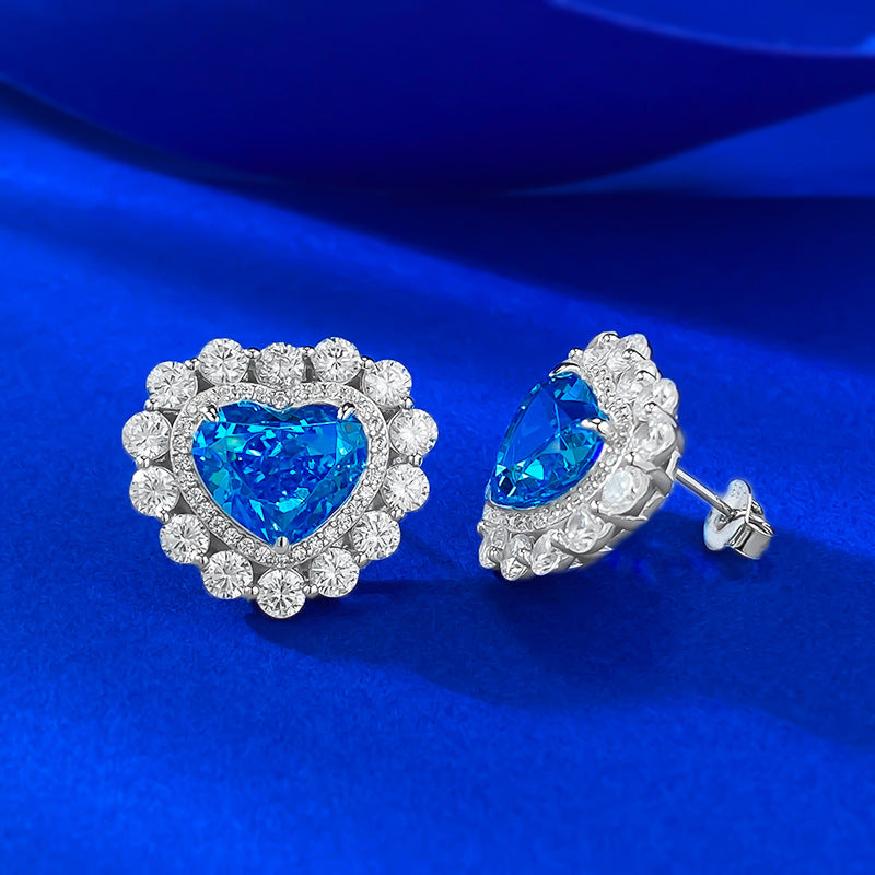 S925 Silver Full Inlaid Heart 9*11 Aquamarine High Carbon Diamond Ice Flower Heart-shaped Earrings