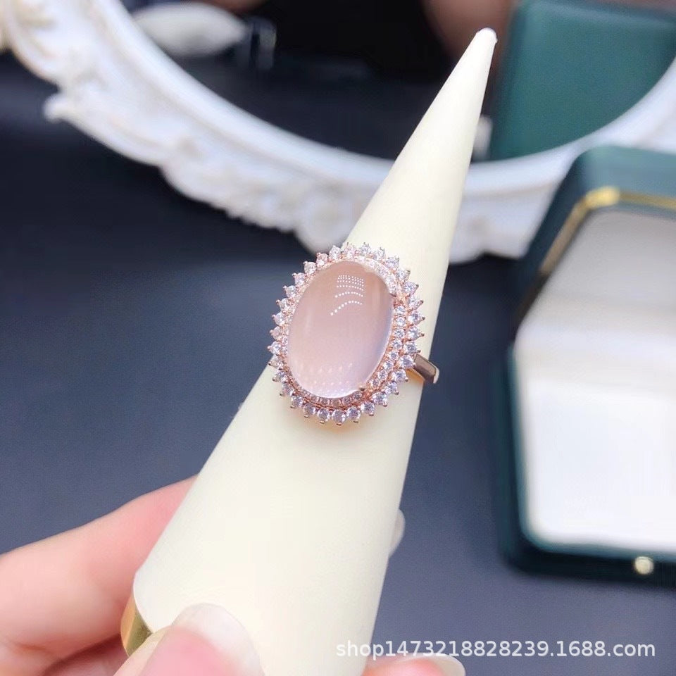 Natural Rose Quartz Ring Plain Crystal Fashionable Elegant 925 Silver Gold Plated Fine Craft Inlaid Gemstone Unisex Ring