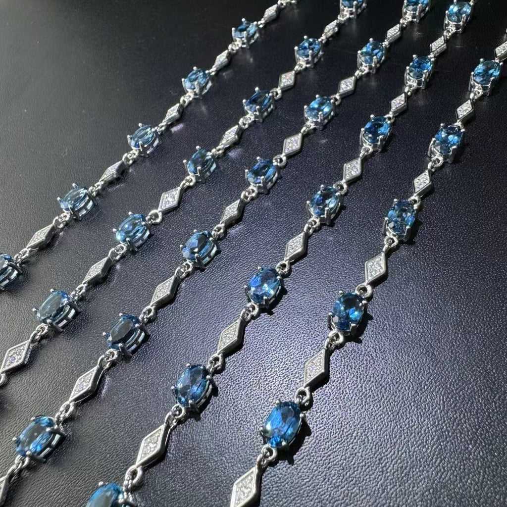 925 Silver Inlaid Main Stone 4*6mm Blue Topaz Bracelet