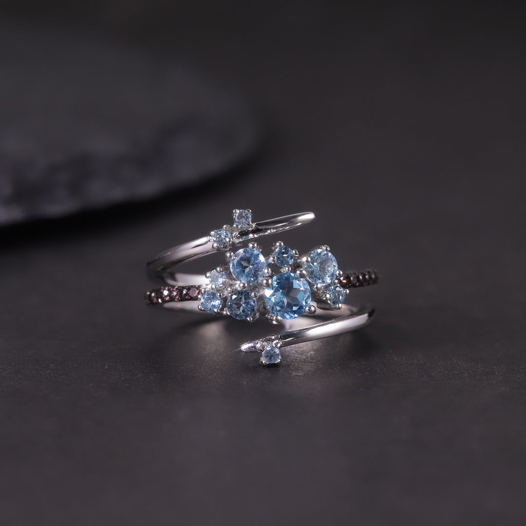 Flower Gemstone Ring S925 Sterling Silver Inlaid with Natural Topaz and Garnet Ring