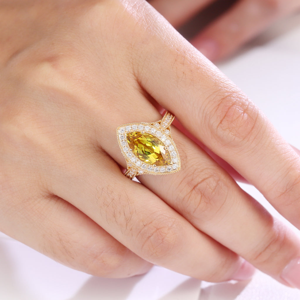 14K Gold 4ct Marquise Cultured Yellow Crystal Ring Light Luxury Vintage Gold Edge Inlaid Ring