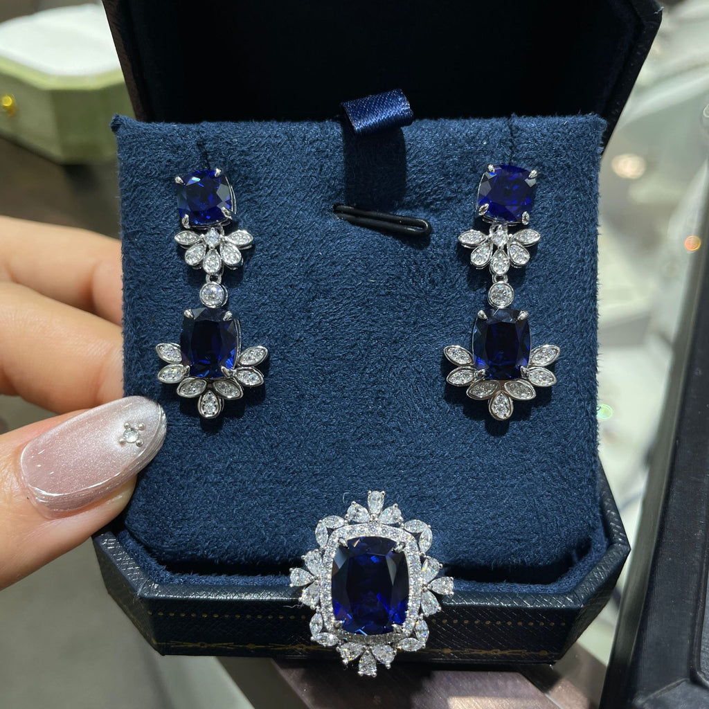 Elegant 5.5 Carat Cultivated Sapphire Pillow Shape Jewelry Set S925 Silver Ring