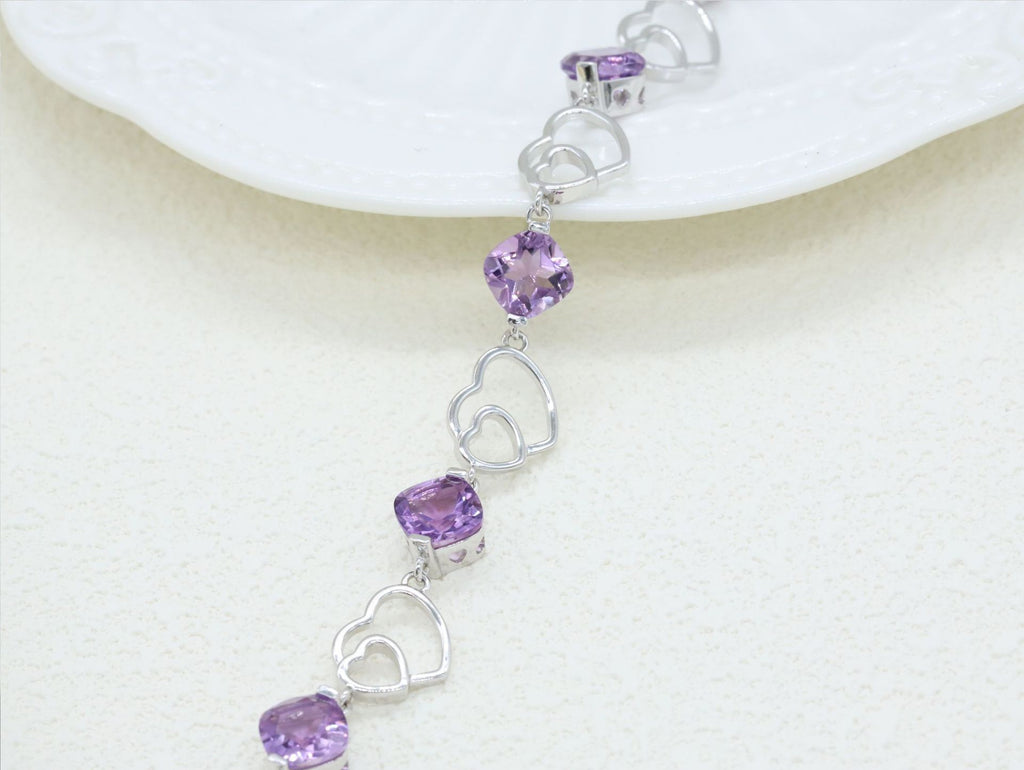 925 Sterling Silver Bracelet Love Double Heart Inlaid Amethyst Women's Bracelet