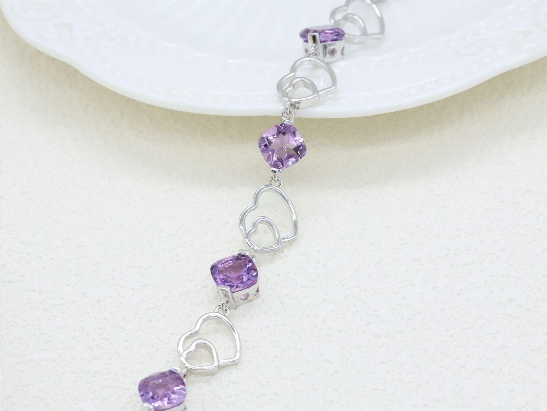 925 Sterling Silver Bracelet Love Double Heart Inlaid Amethyst Women's Bracelet