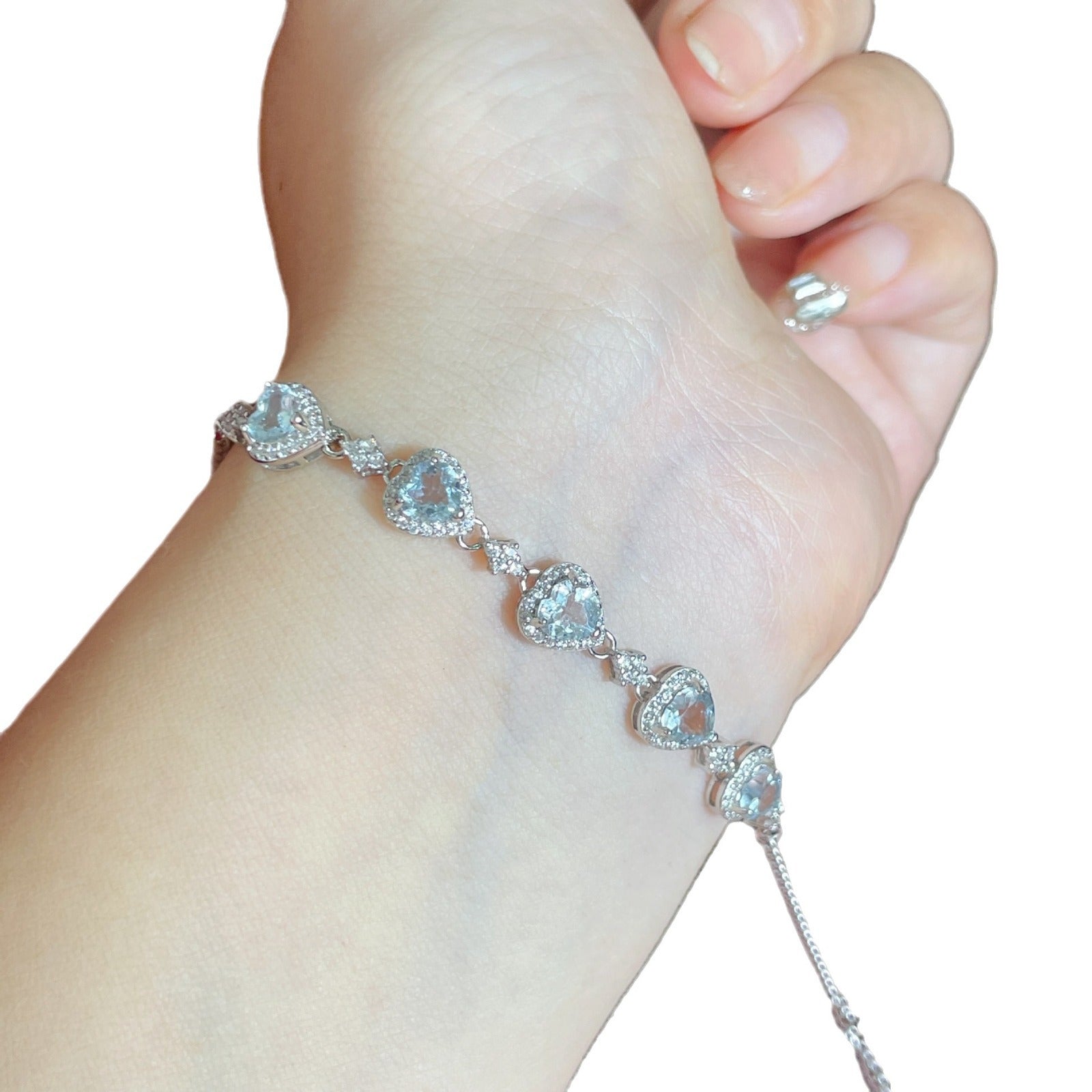 S925 Silver Inlaid Natural Heart-shaped Aquamarine Women's Necklace Fresh Hand Jewelry