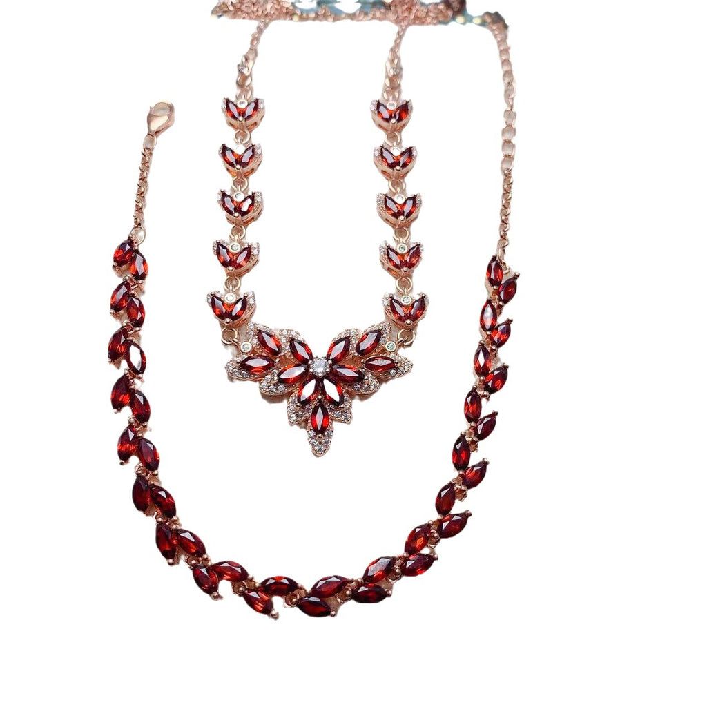 Caibao Jewelry 925 Silver Inlaid Natural Garnet Bracelet Necklace