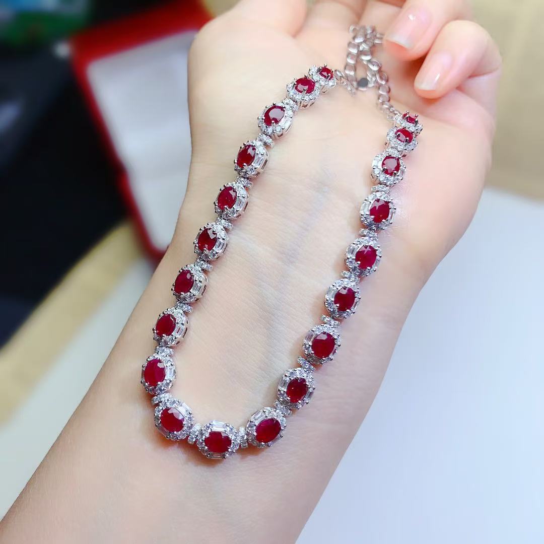 S925 Sterling Silver Inlaid Natural Old Burnt Ruby Necklace Light Luxury Heavy Craftsmanship Fashion Elegant High-end Jewelry