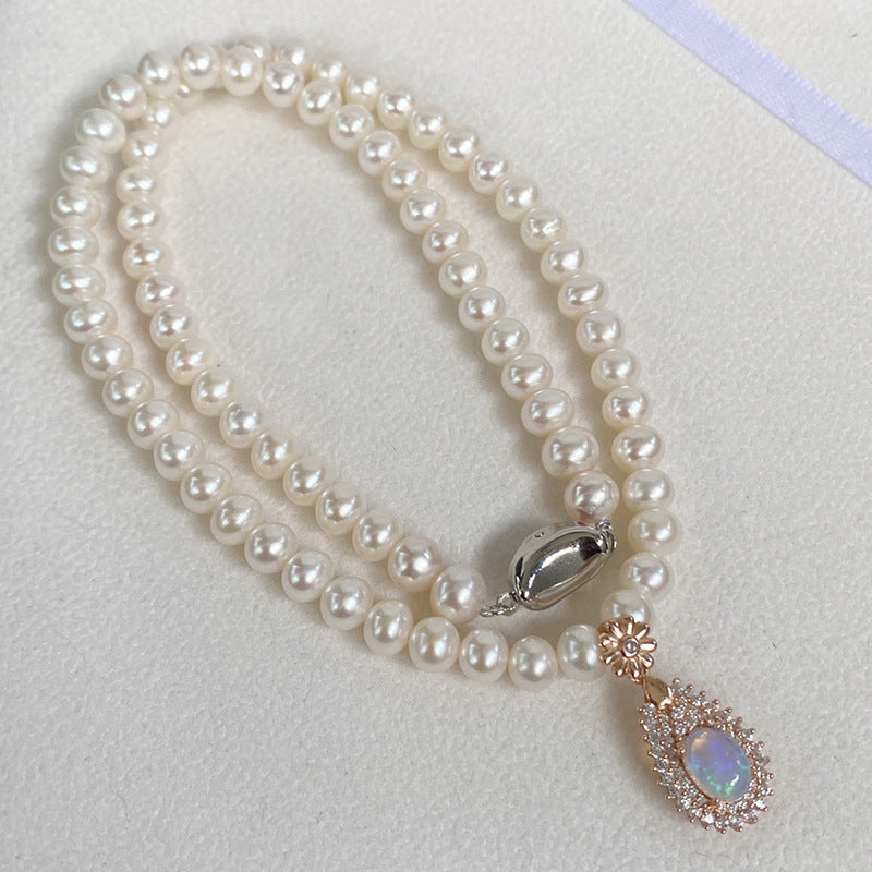 Mother's Day Gift Natural Freshwater 6 Pearl with Main Stone 6*8 Natural Opal Pendant