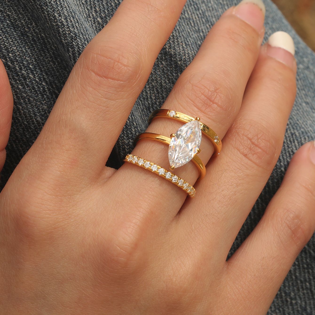 S925 Silver Horse Eye Moissanite Three-Piece Set Ring Luxury Full Inlay Design Independent Hot-Selling Ring