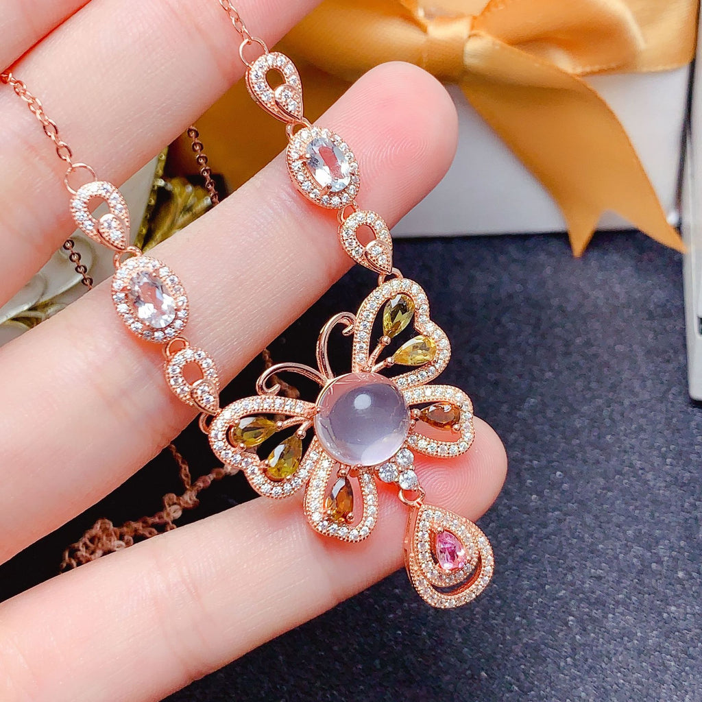 Clavicle Chain Gemstone Jewelry 925 Silver Inlaid with Natural Rose Quartz Tourmaline Aquamarine Engagement Date Necklace