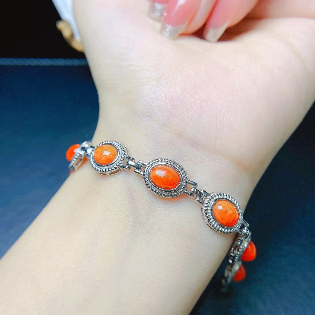 S925 Silver Inlaid Main Stone 6*8 Natural Fire Opal Bracelet