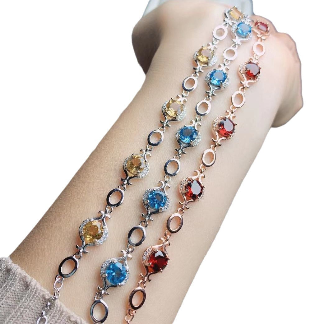 Natural Garnet Bracelet Yellow Crystal Topaz 925 Silver Vintage Ethnic Style Colorful Gem Bracelet