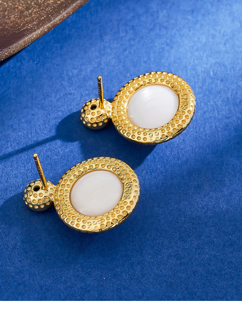 S925 Silver Gold-Plated Round Cabochon Mabe Pearl Stud Earrings French Vintage Peridot Earrings