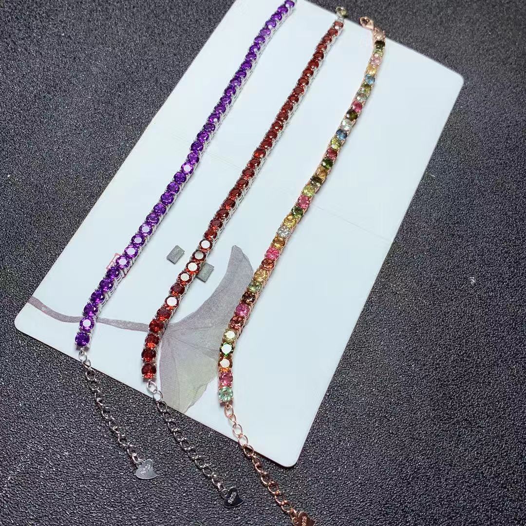 Colorful Gemstone Bracelet Natural Garnet Amethyst Tourmaline 925 Silver Single Circle Bracelet