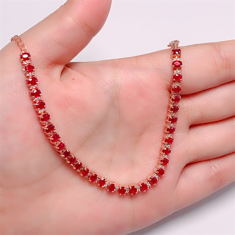 S925 Silver Plated Rose Gold Inlaid 3*4mm Natural Pigeon Blood Ruby Bracelet