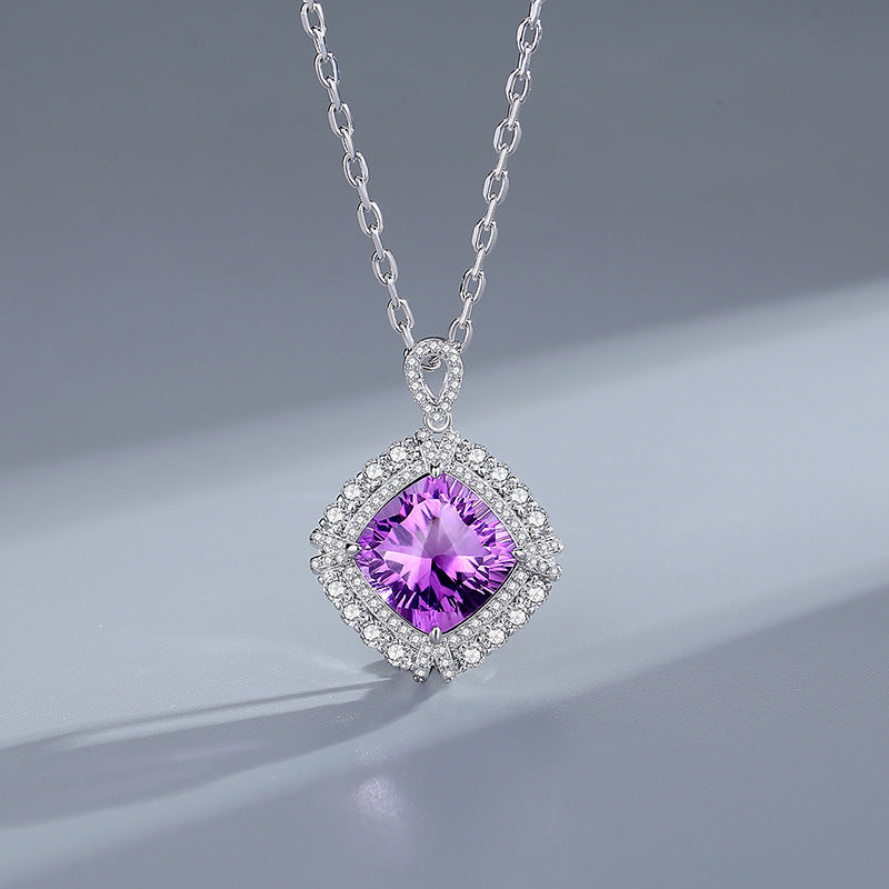 Amethyst Stone Rhombus Necklace S925 Sterling Silver Cold and Silent Elegant Style Clavicle Chain