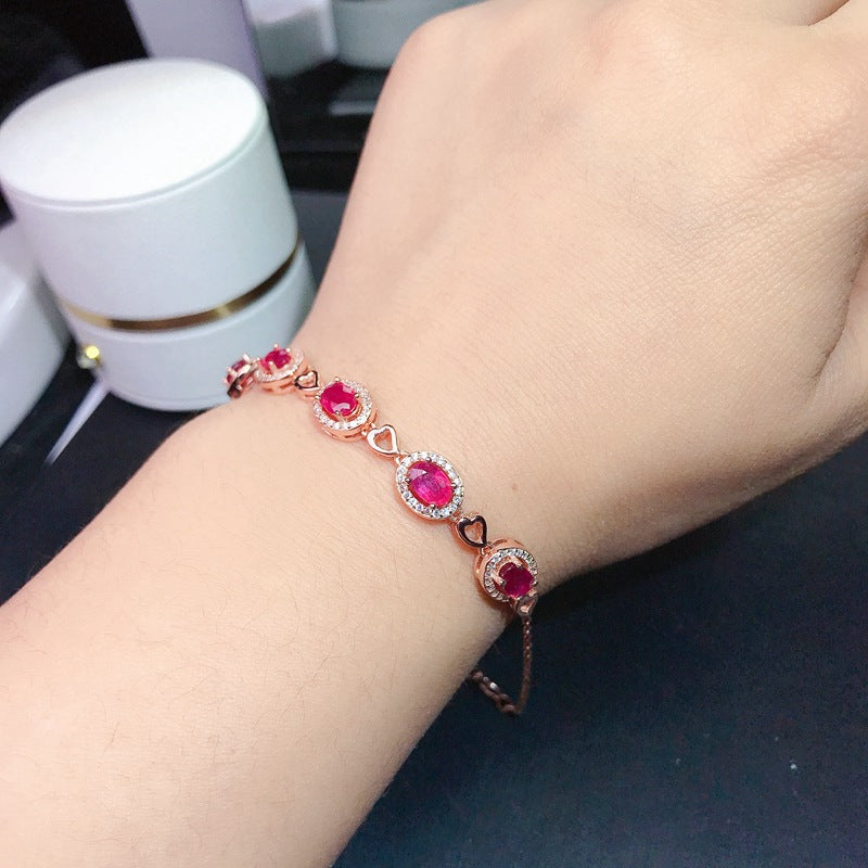 Ruby Bracelet with Extended Chain Adjustable 925 Silver Ruby