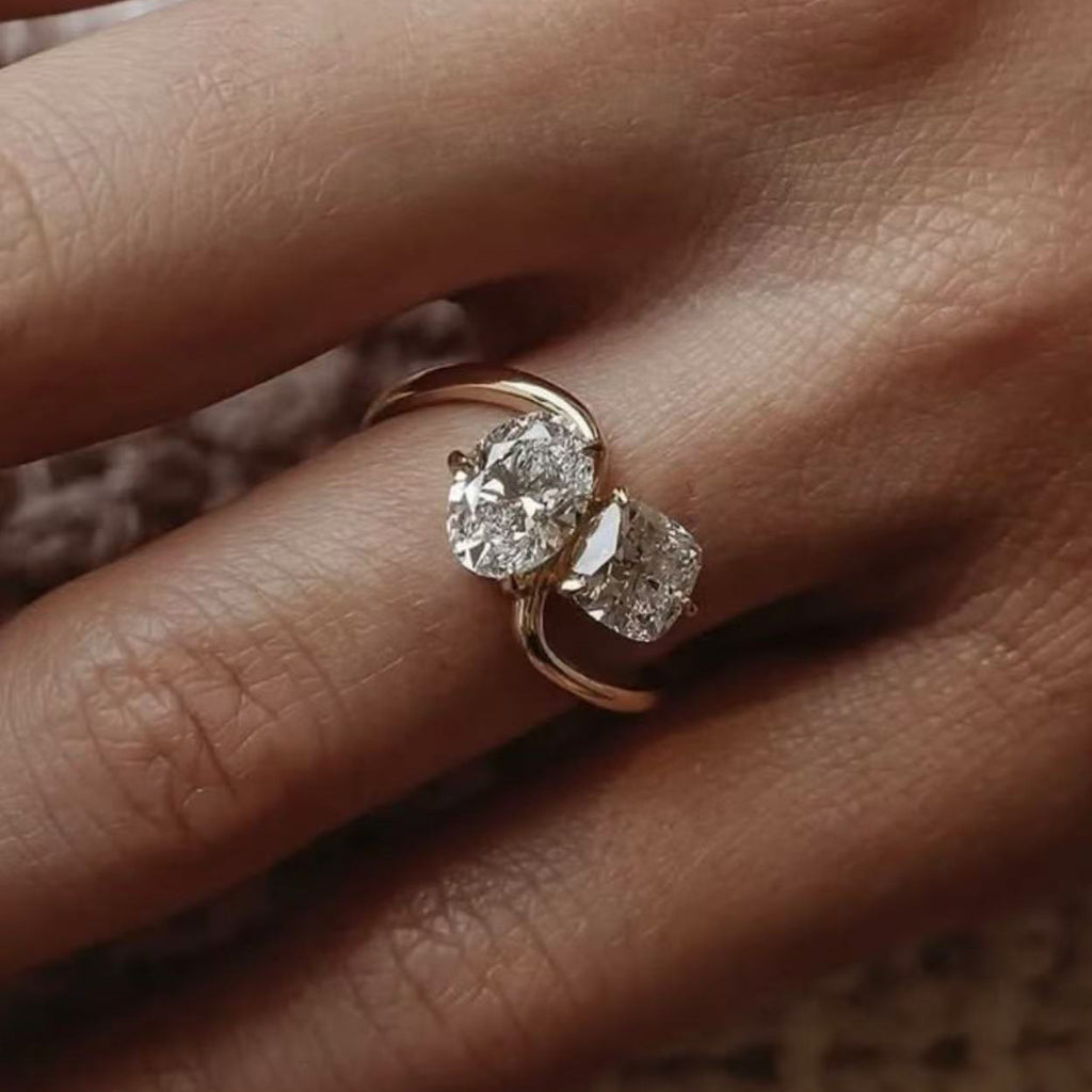 S925 Silver Double Main Stone Moissanite Ring Fat Square Shape Gold Simple Design Women's Hot-Selling Model