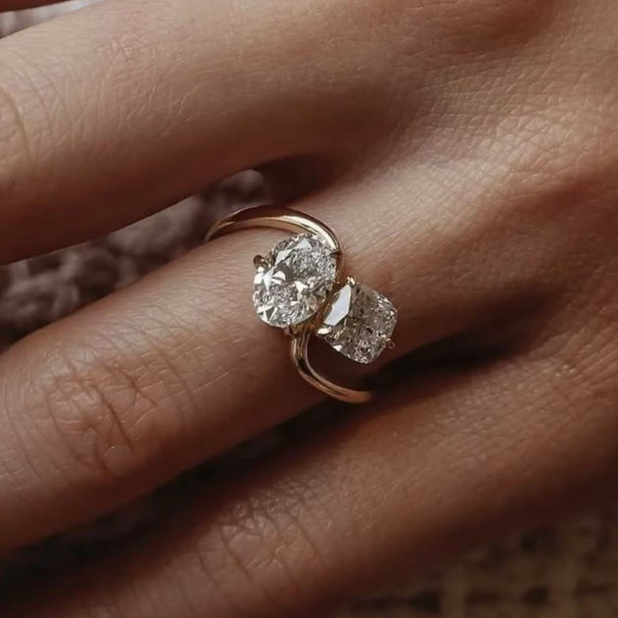 S925 Silver Double Main Stone Moissanite Ring Fat Square Shape Gold Simple Design Women's Hot-Selling Model