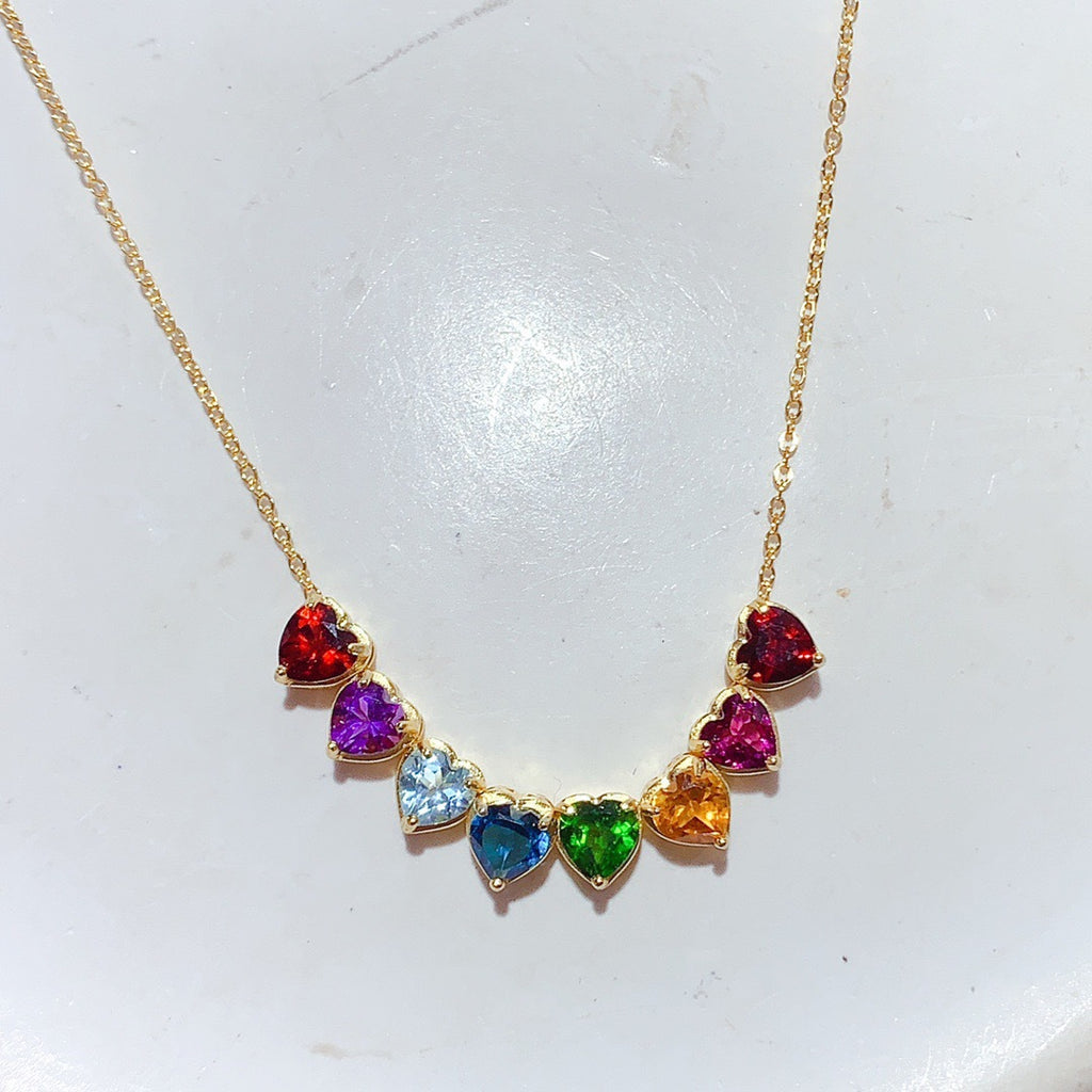 S925 Silver Inlaid Multi-Gem Necklace Heart Simple Fashion Versatile High-End Color Gem Necklace