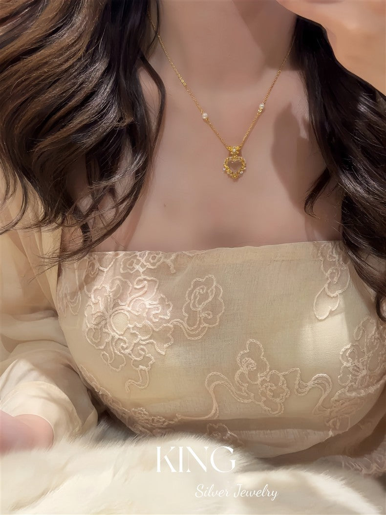 Pink Water Beauty| S925 Silver Gold-Plated Heart Pink Crystal Light Luxury Retro Niche Fashion Elegant Pure Silver Necklace