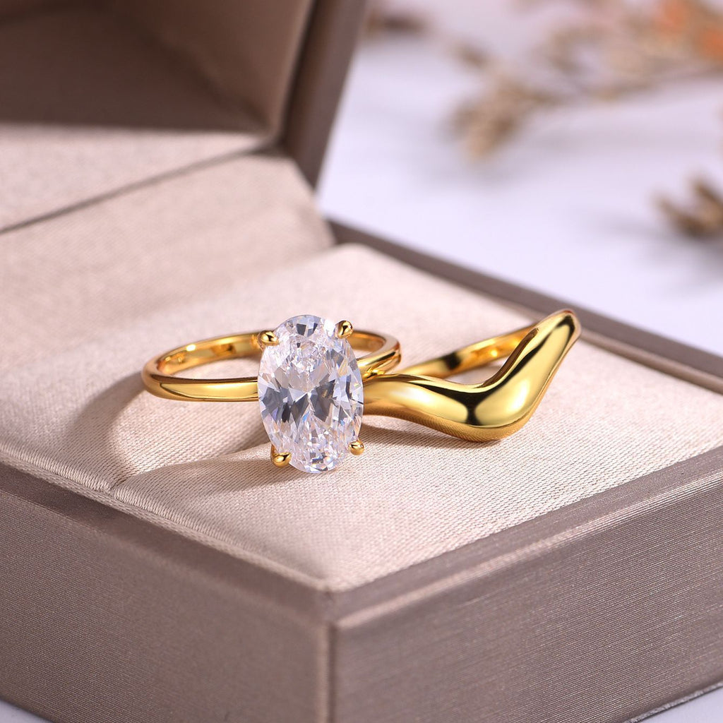 S925 Silver Moissanite Two-Piece Oval Ring Set for Women, Smooth Minimalist Stackable Design, Hot Selling