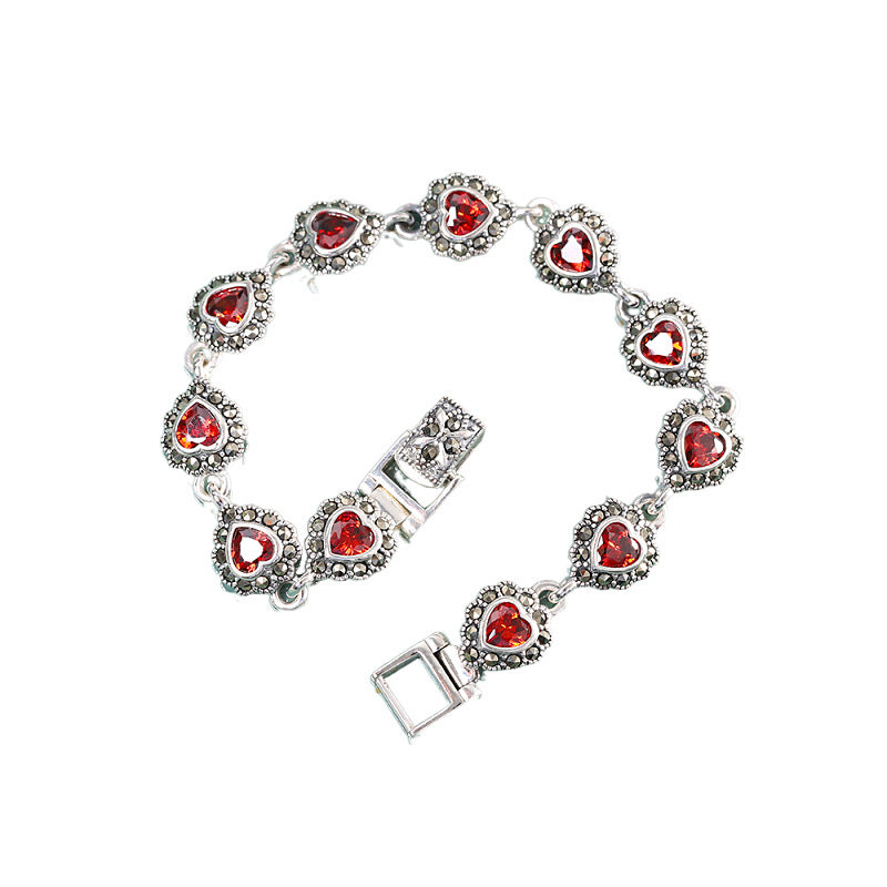 S925 Silver Jewelry Heart-Shaped Garnet Bracelet Versatile Women's Bracelet