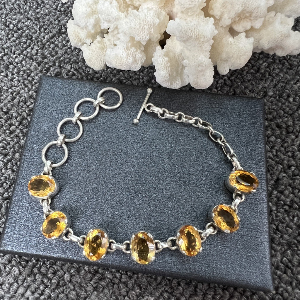 Nepal Handmade 925 Inlaid Yellow Crystal Ruby Amethyst Opal Stone Vintage Bracelet