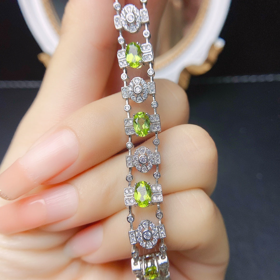 S925 Silver Inlaid Main Stone 4*6 Natural Peridot Bracelet