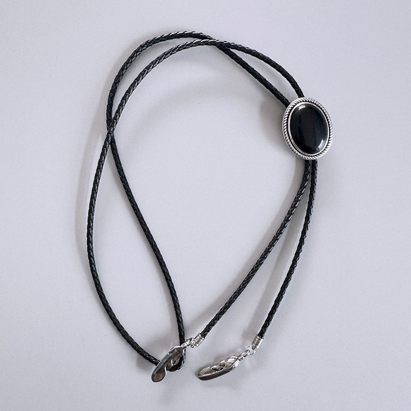<Obsidian> Original S999 Sterling Silver Inlaid Natural Obsidian Bolo Tie