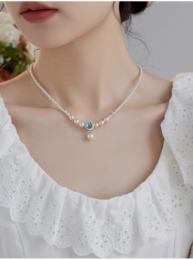 Natural Australian White Jellyfish Shell Pearl Necklace for Women with Aquamarine Gradient Elegant Collarbone Chain
