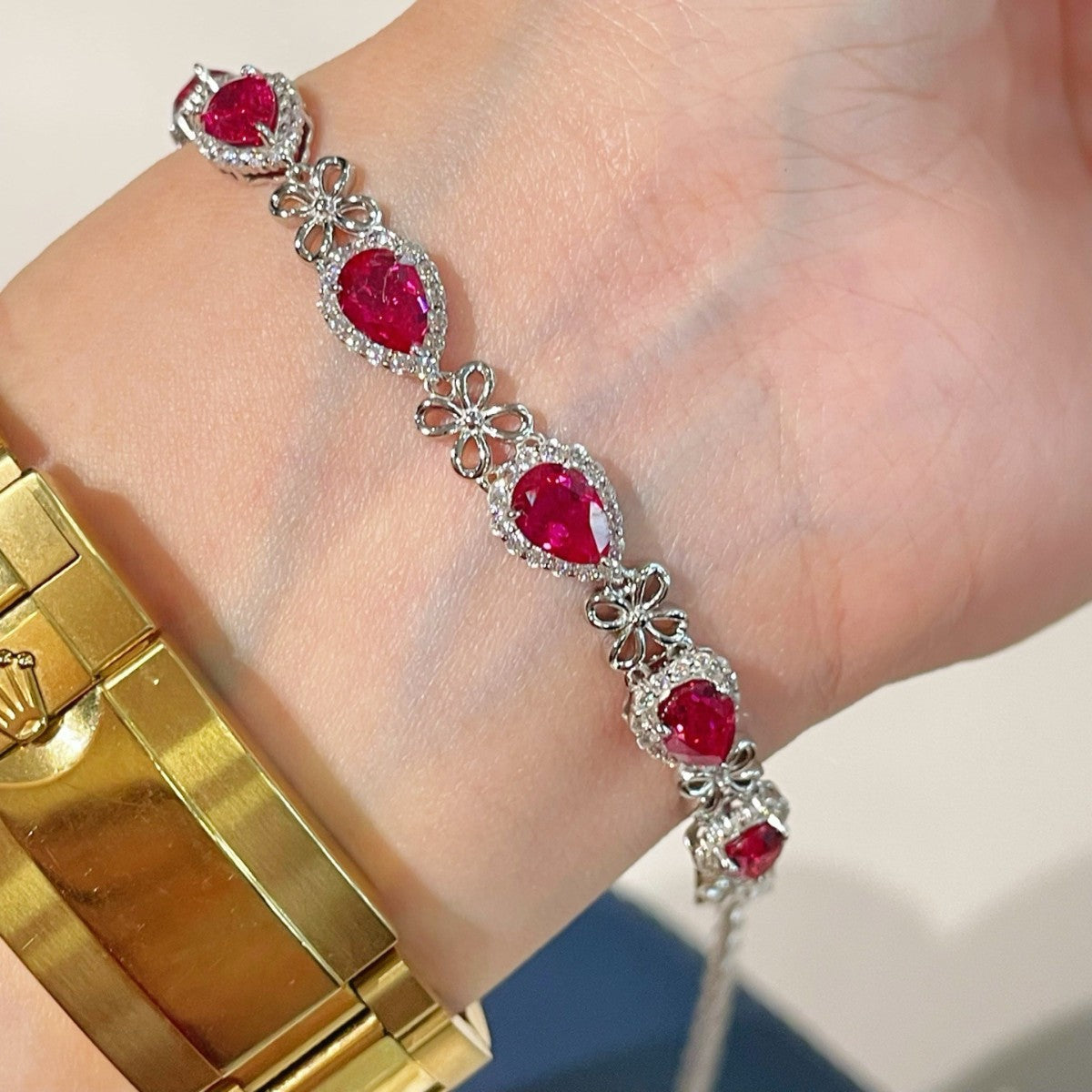 925 Silver Gold Plated Red Corundum Water Drop Flash Diamond Bracelet