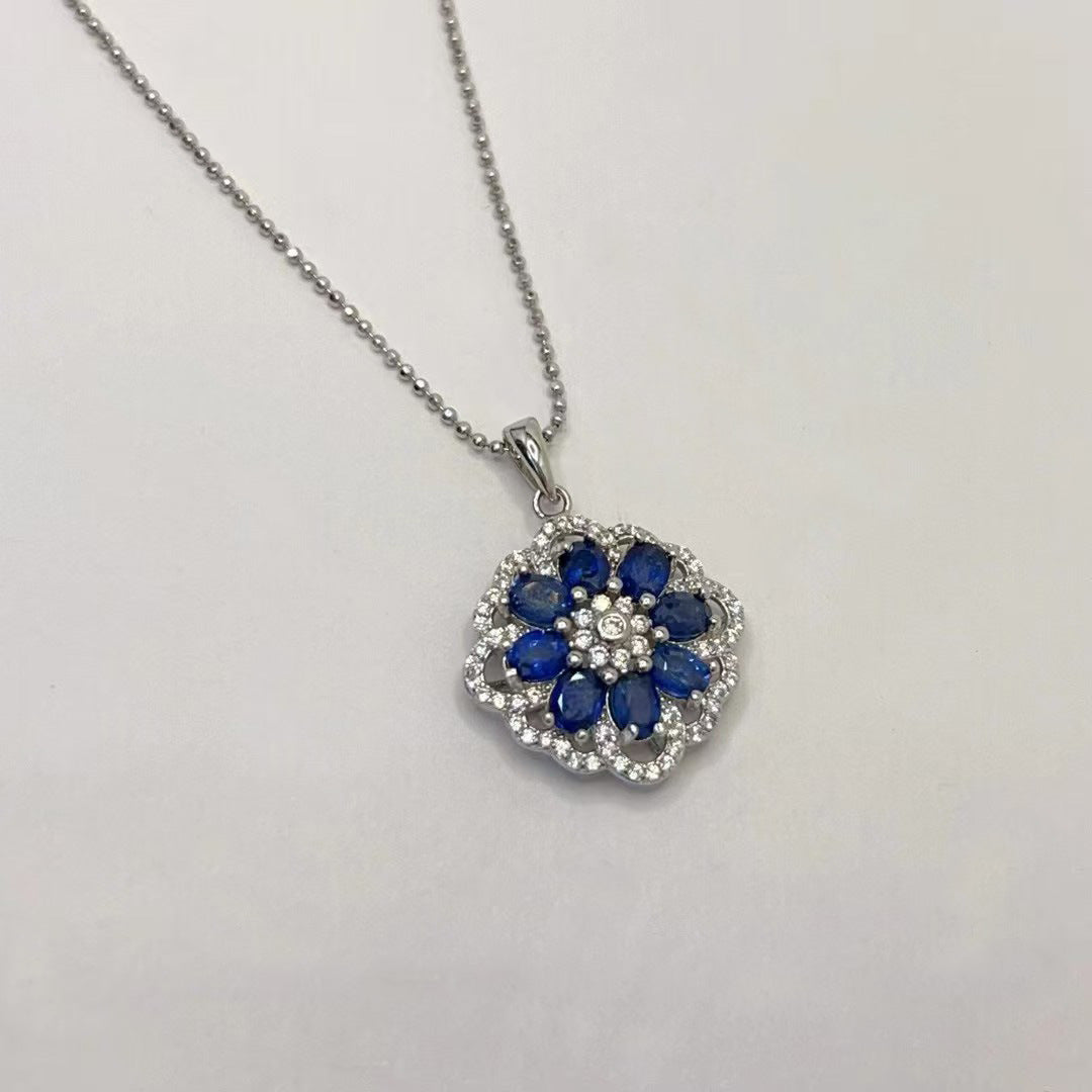 Elegant Light Luxury Natural Burned Sapphire Pendant Women's Flower Shape Diamond S925 Silver Pendant
