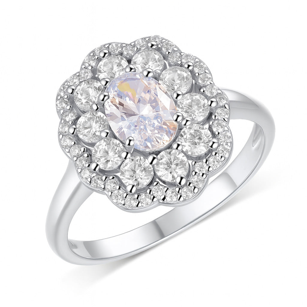 S925 Silver Moissanite Ring Oval Main Stone Vintage Flower Surround Double Circle Gold Light Luxury Banquet Style Women's Ring