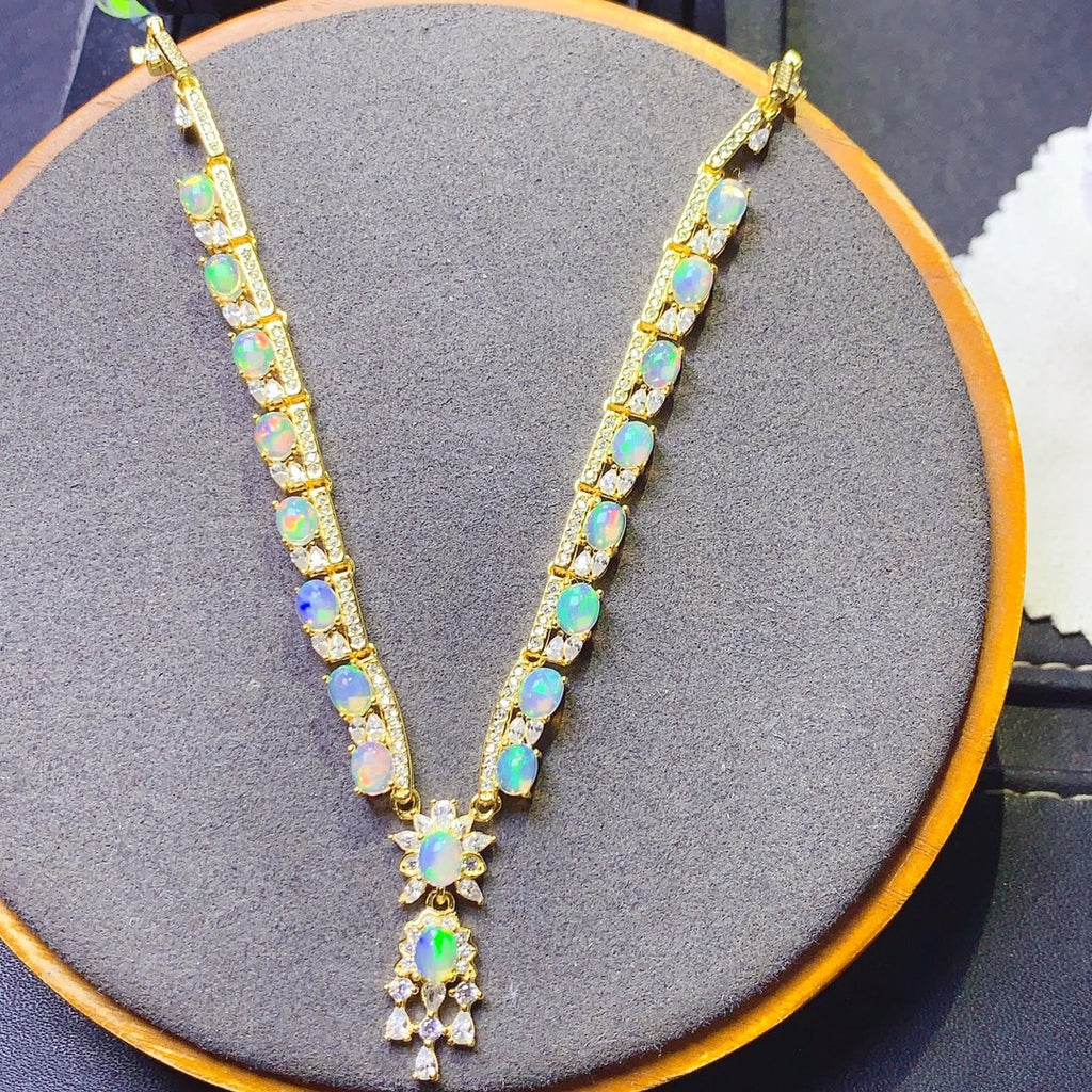 S925 Sterling Silver Inlaid Natural 4*5mm Opal Luxury Necklace