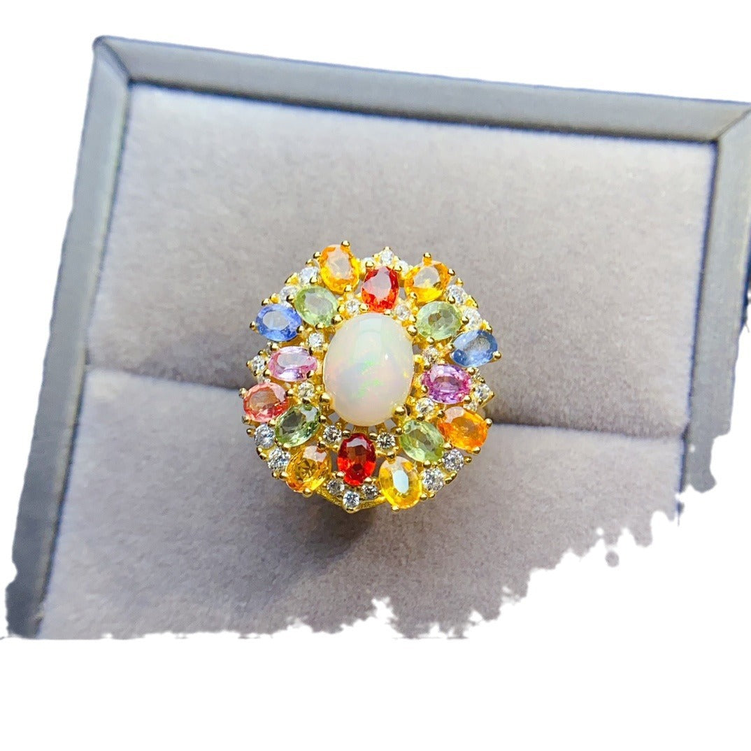 S925 Silver Inlaid Main Stone 7*9 Natural White Opal Ring
