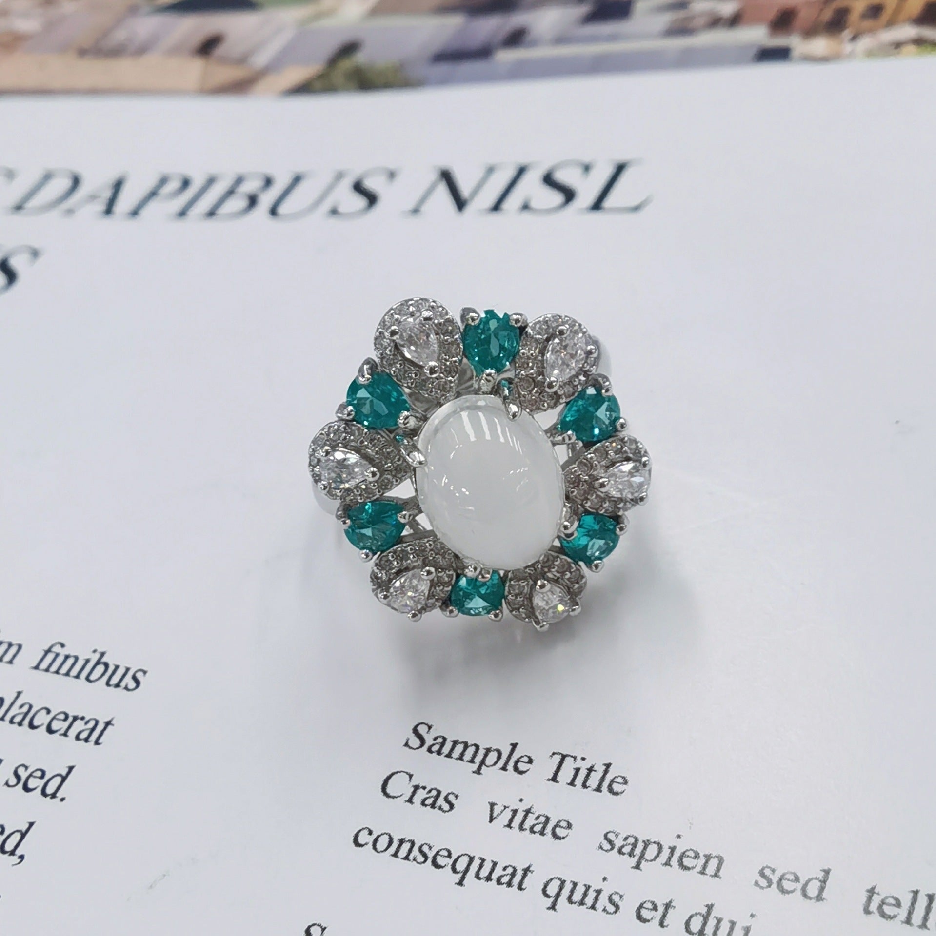 S925 Silver Platinum Plated Inlaid Moonstone Pendant Ring Jewelry Set