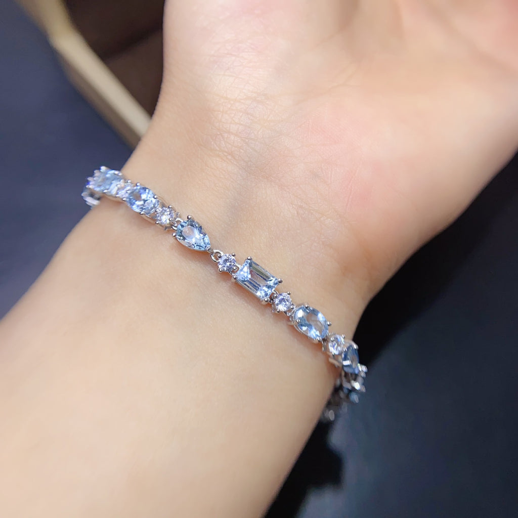 925 Silver 6*4 4*5mm Crystal Fresh Natural Aquamarine Bracelet