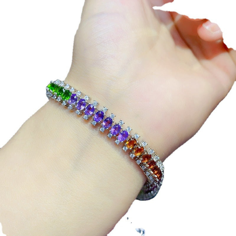 Natural Olivine Garnet Diopside Citrine Amethyst Topaz 925 Silver Multi-Gem Bracelet