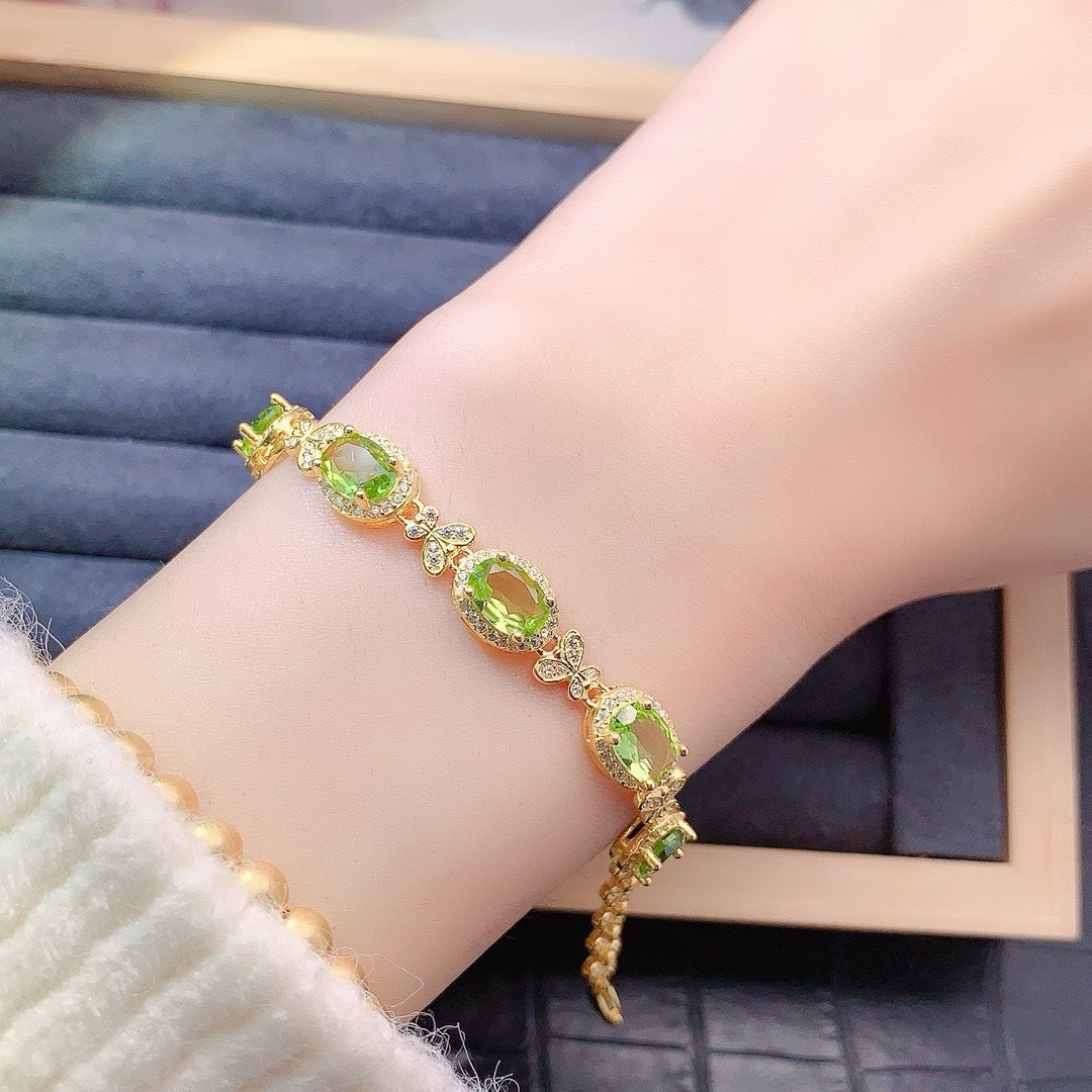 S925 Sterling Silver Fashion Niche Design Oval 5*7mm Natural Peridot Bracelet