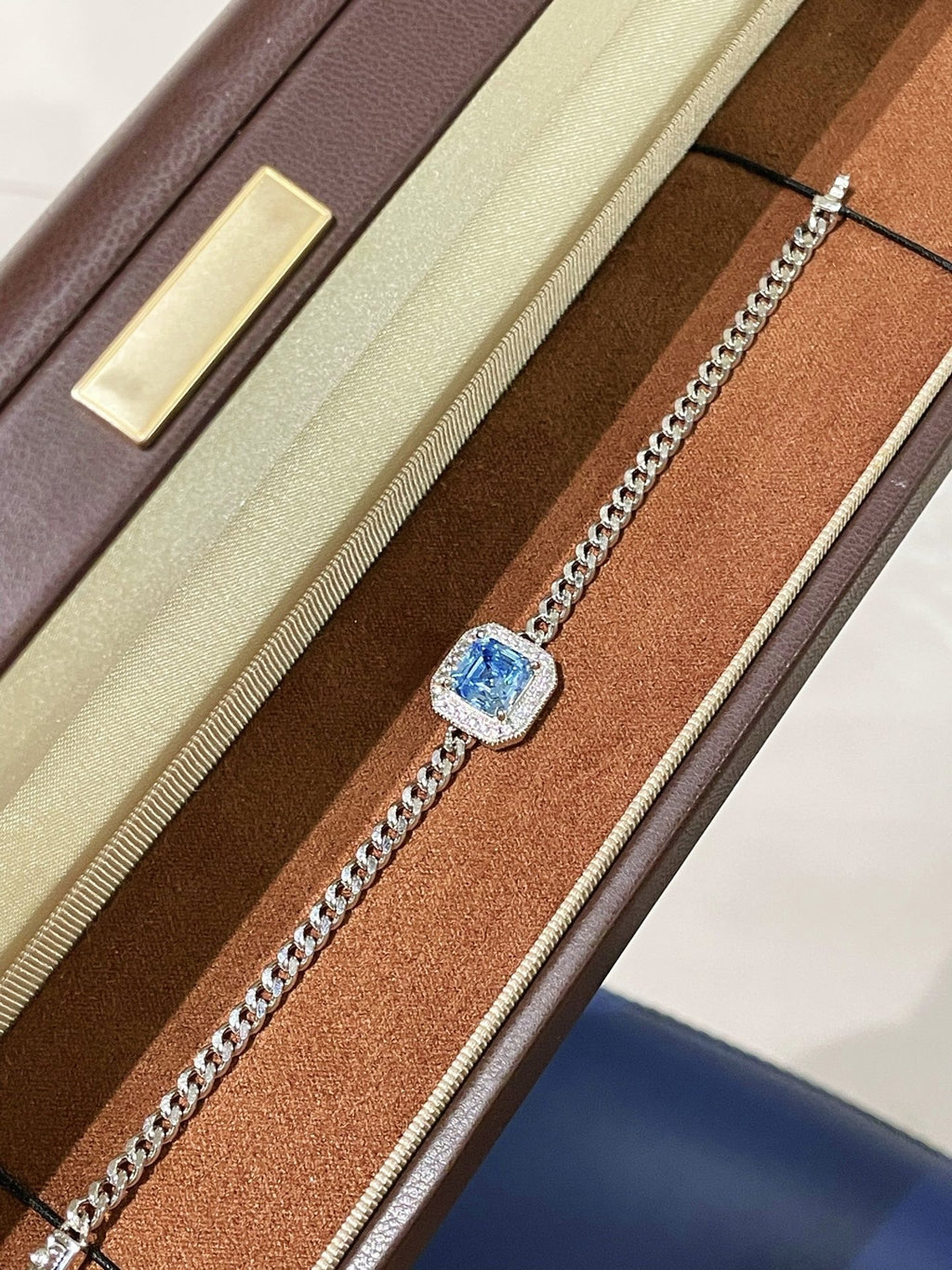 S925 Silver Electroplated 18K Gold Sugar Cube Sparkling Diamond Aquamarine Simple Bracelet