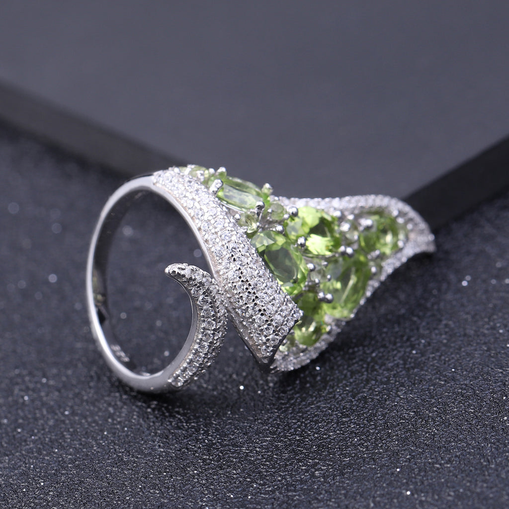 Exaggerated Personality Luxurious S925 Silver Natural Peridot Ring Open Ring