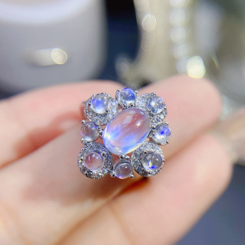Moonstone Ring 925 Silver Inlaid with Natural Blue Moonstone Adjustable Women's Ring